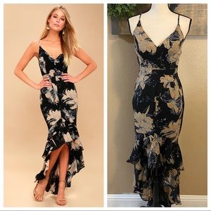 NWOT Lulus Darling Daylily Black Floral Print High-Low Maxi Dress